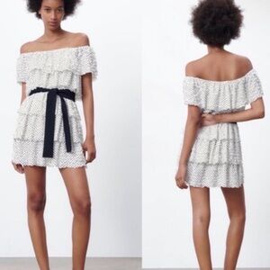 Zara Strapless Polka-Dot off the shoulder ruffle mini dress